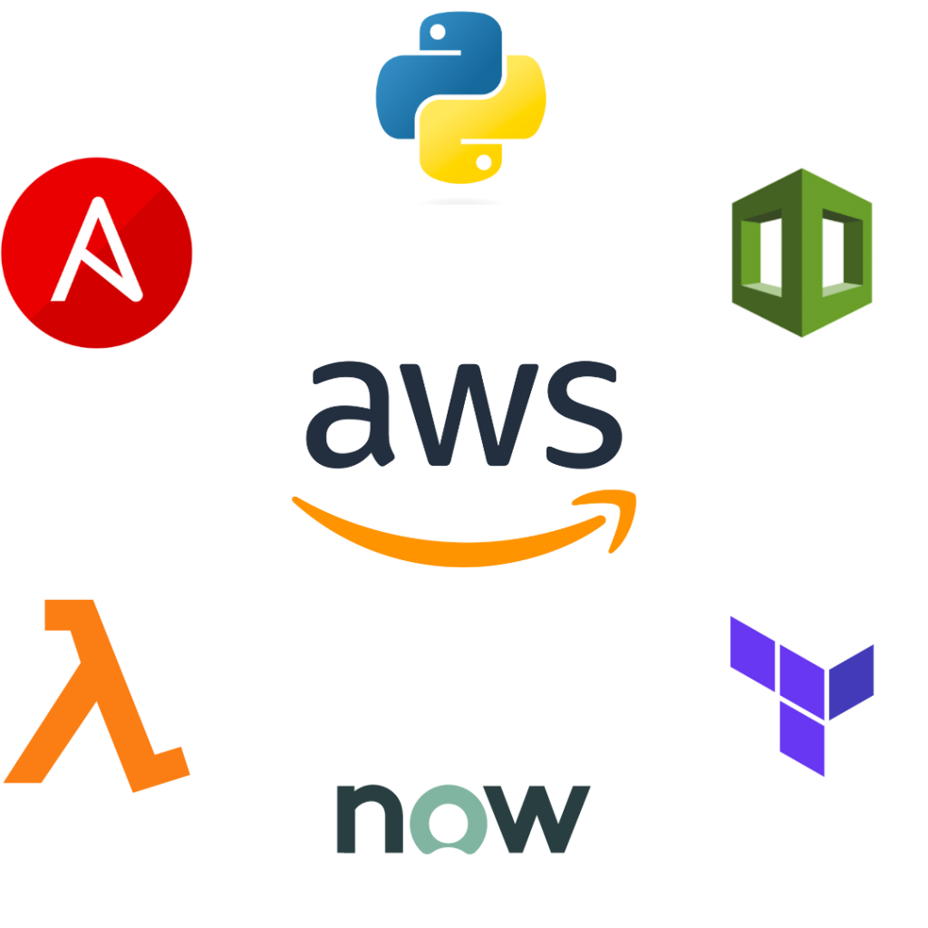 The AWS logo surrounded by various industry standard tools' logos